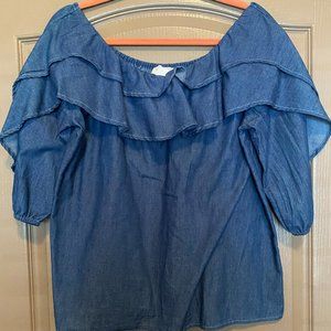 Off Shoulder Ruffle Denim Top - Size Medium
